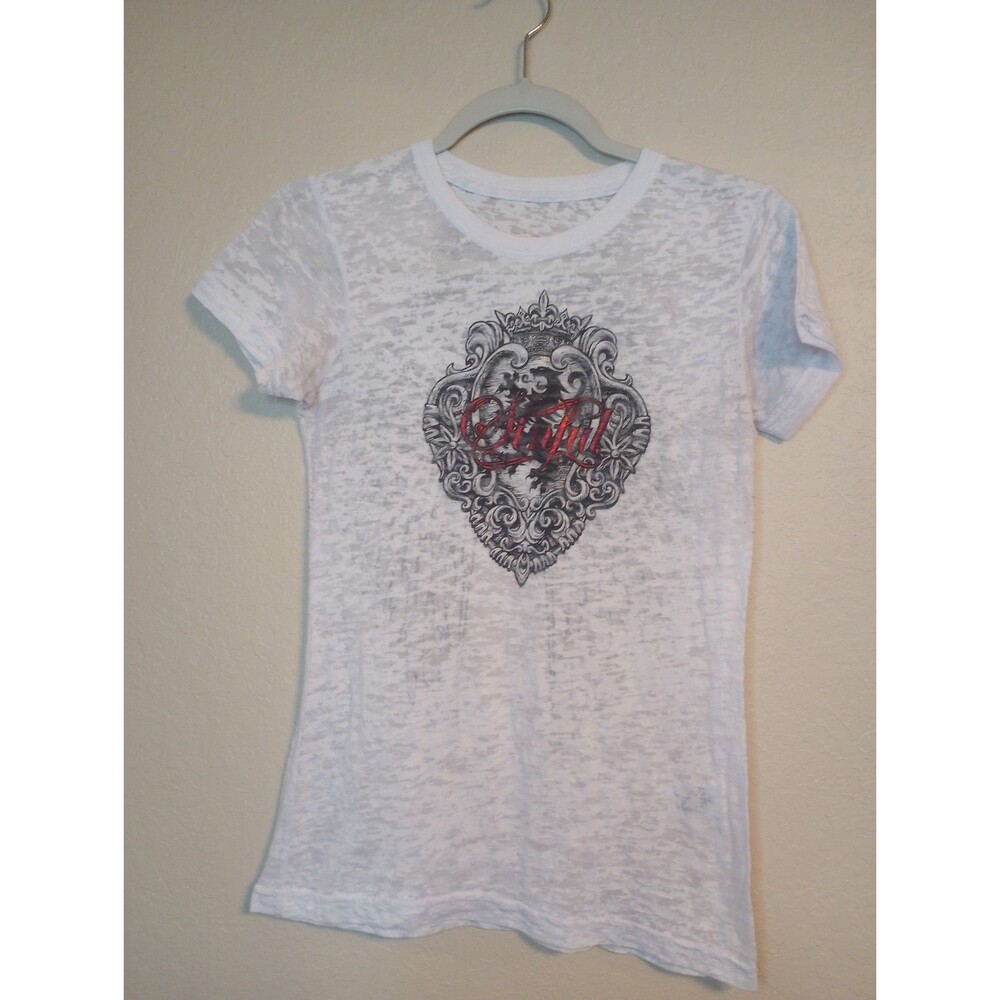 Affliction Sinful Lion and Angel Wings  T-shirt Size Medium Burnout White Y2K